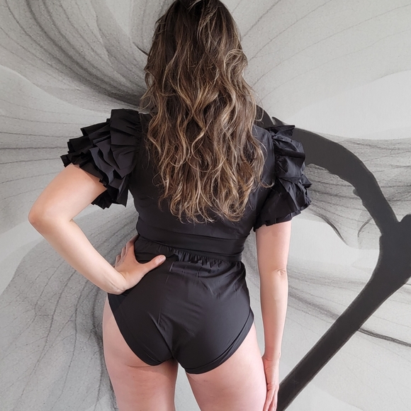 Black Cutout Ruffle Sleeve Bodysuit – High Neck Statement Party Top - Picture 7 of 8